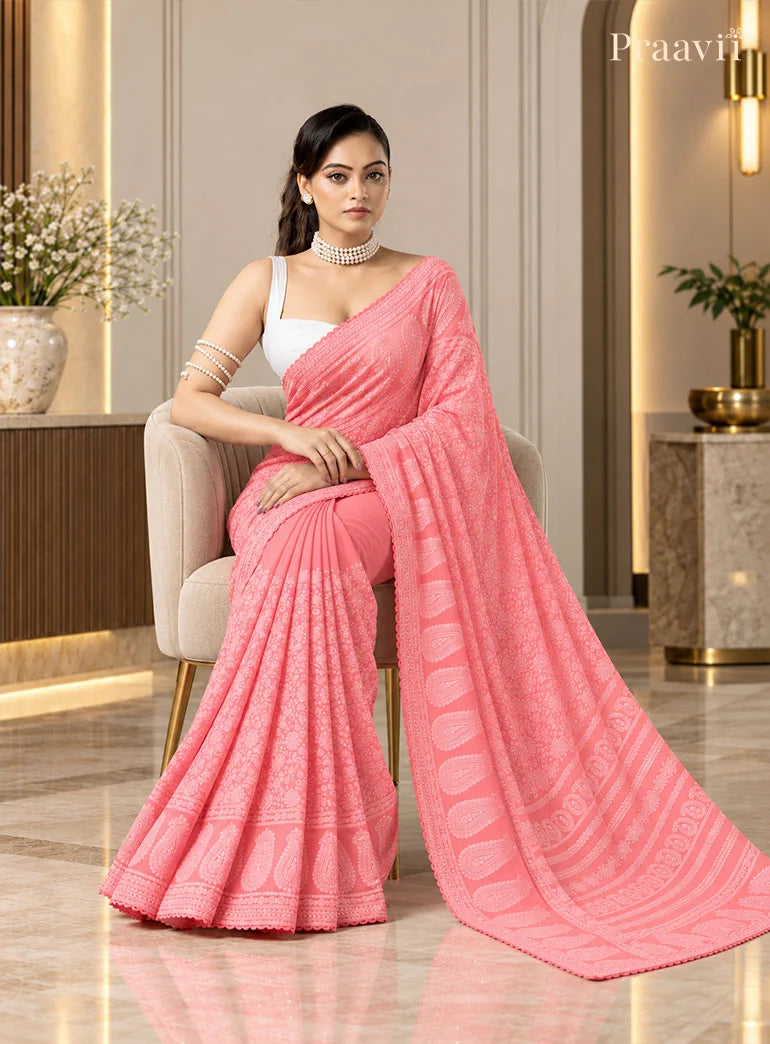 Blush Pink Chikankari Pure Georgette Saree