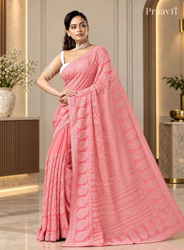 Blush Pink Chikankari Pure Georgette Saree