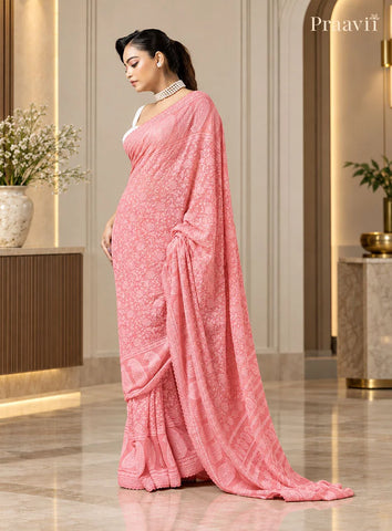 Blush Pink Chikankari Pure Georgette Saree