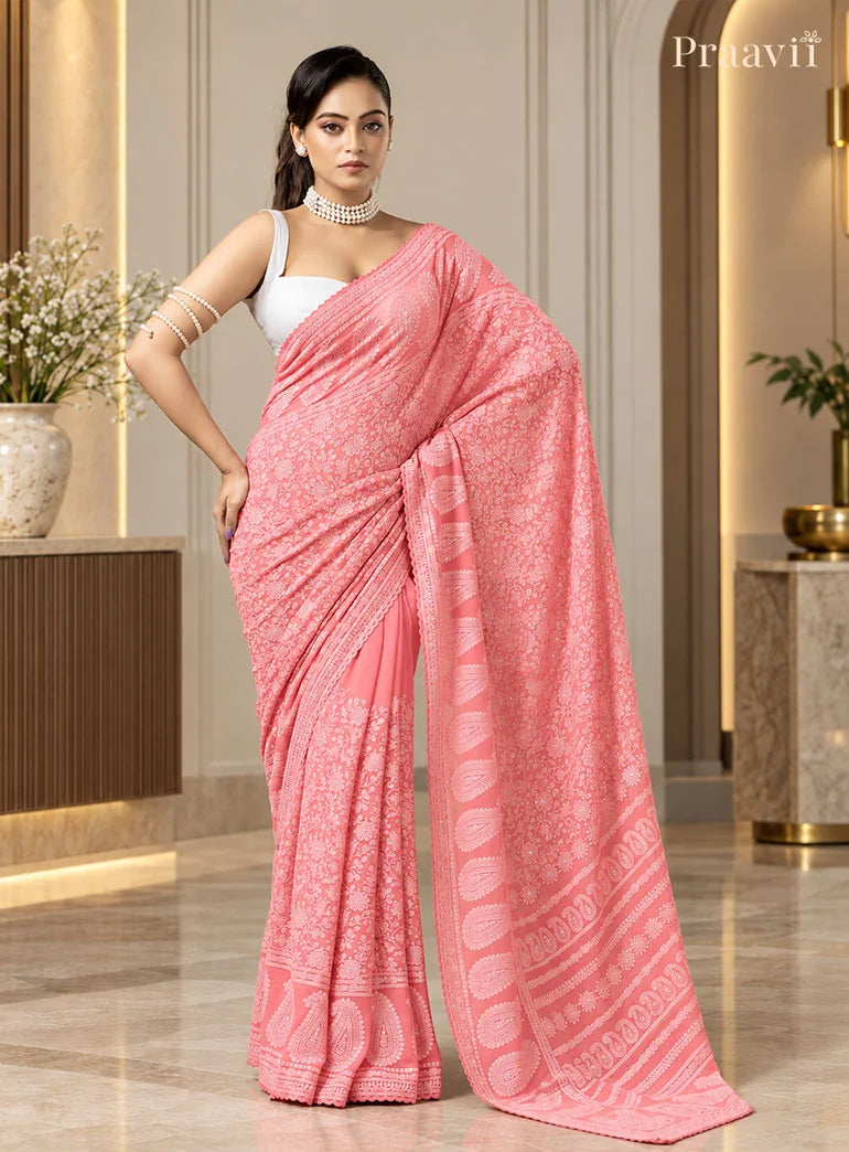 Blush Pink Chikankari Pure Georgette Saree