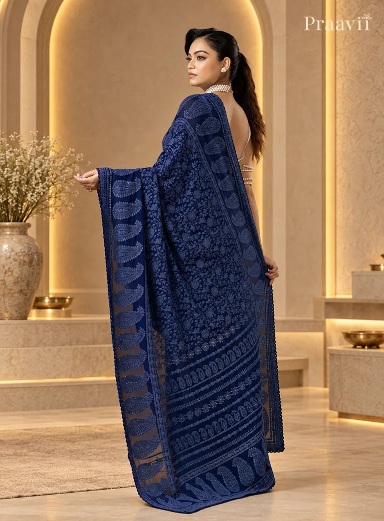 Night Blue Chikankari Pure Georgette Saree