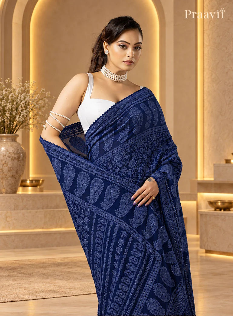 Night Blue Chikankari Pure Georgette Saree