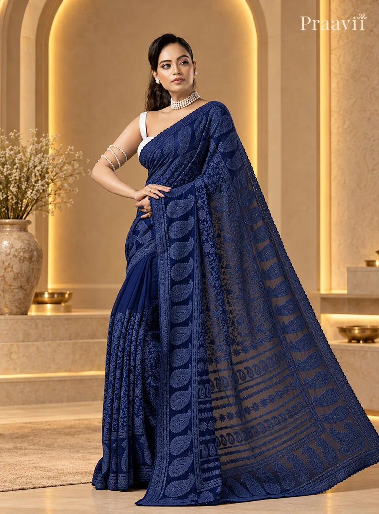 Night Blue Chikankari Pure Georgette Saree