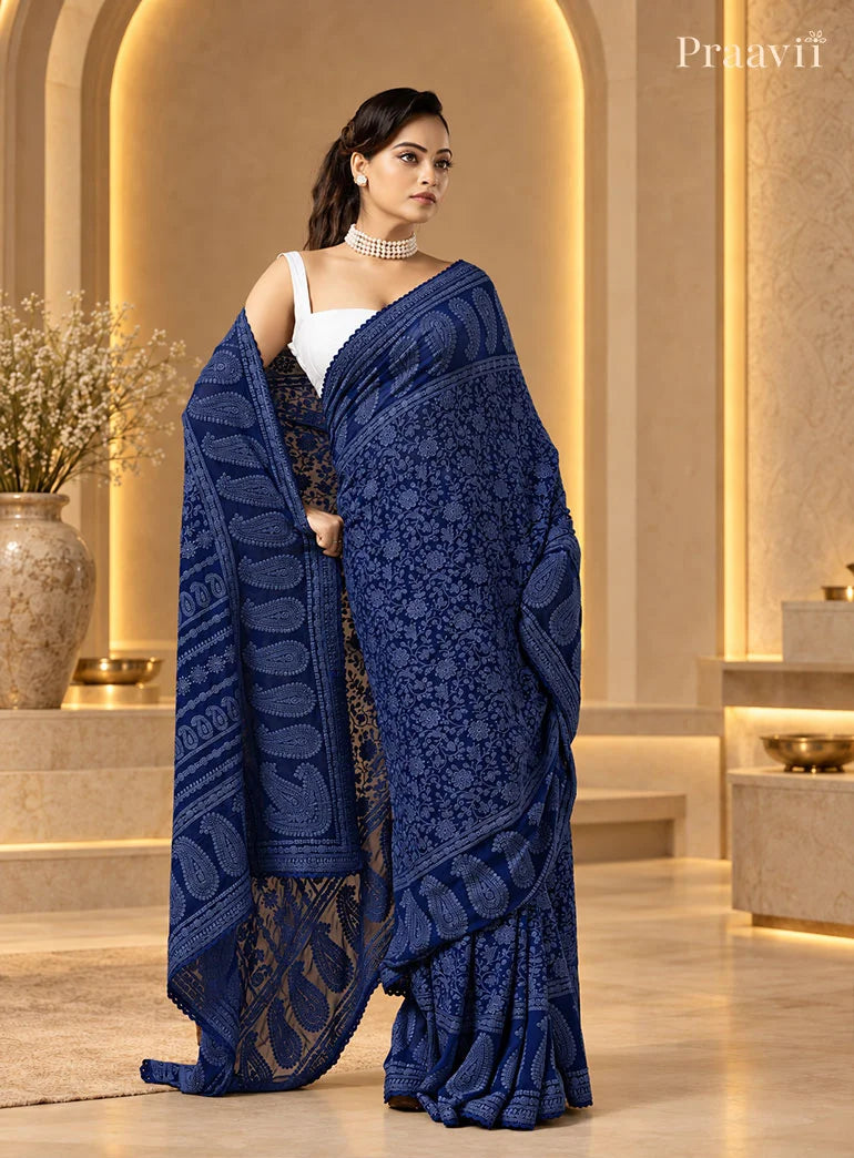 Night Blue Chikankari Pure Georgette Saree