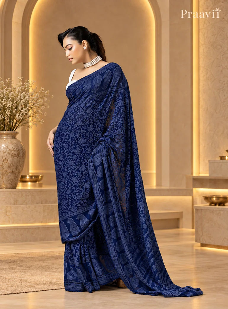 Night Blue Chikankari Pure Georgette Saree
