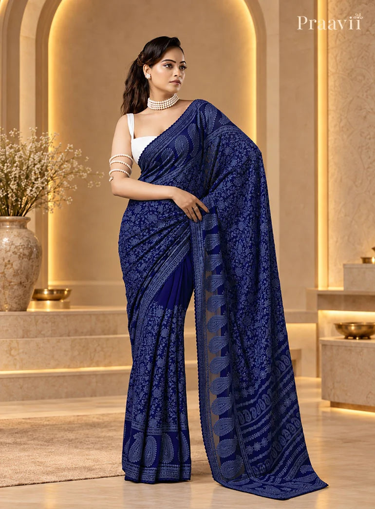 Night Blue Chikankari Pure Georgette Saree