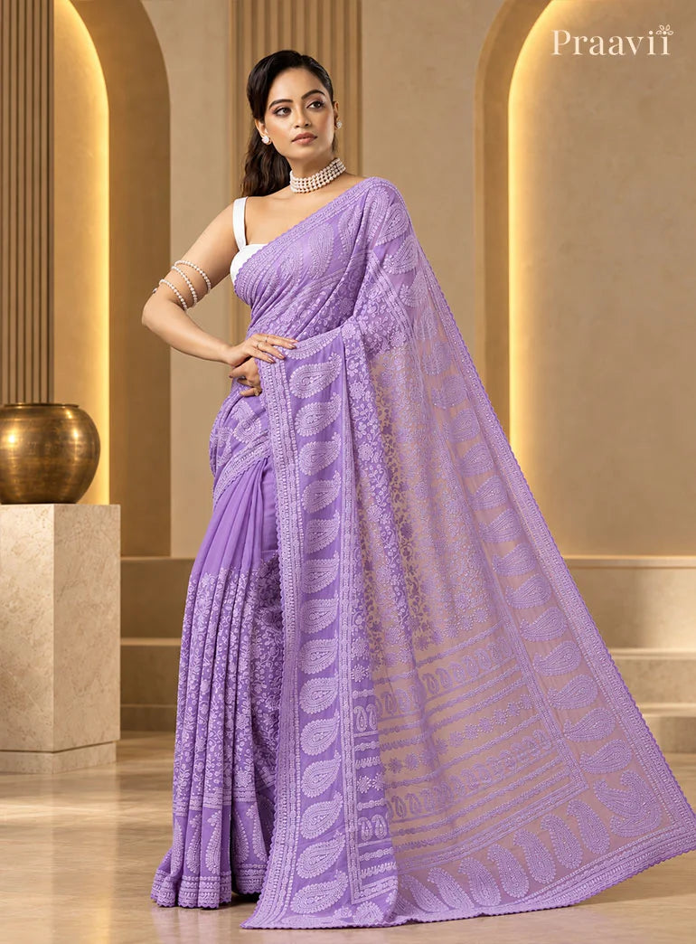 Purple Chikankari Pure Georgette Saree