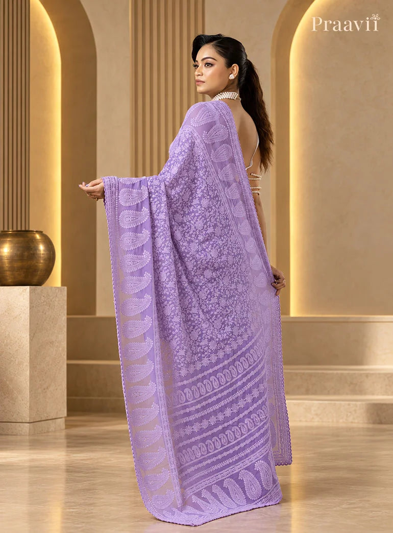 Purple Chikankari Pure Georgette Saree
