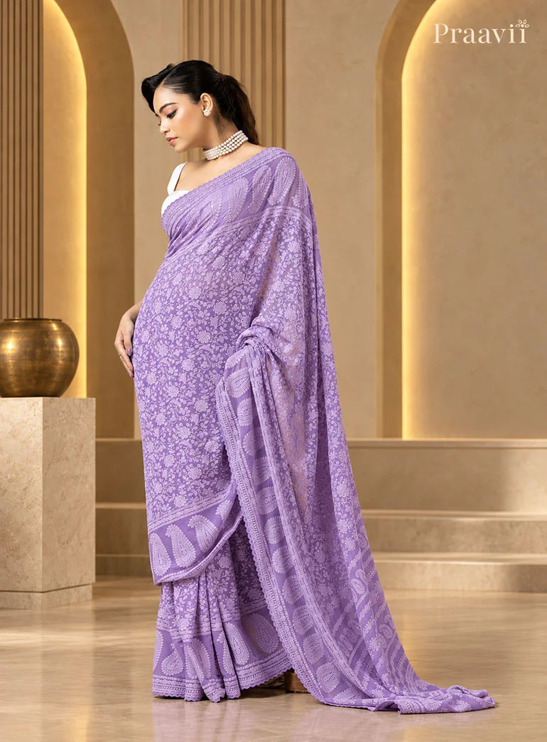 Purple Chikankari Pure Georgette Saree