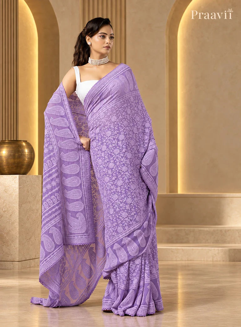 Purple Chikankari Pure Georgette Saree