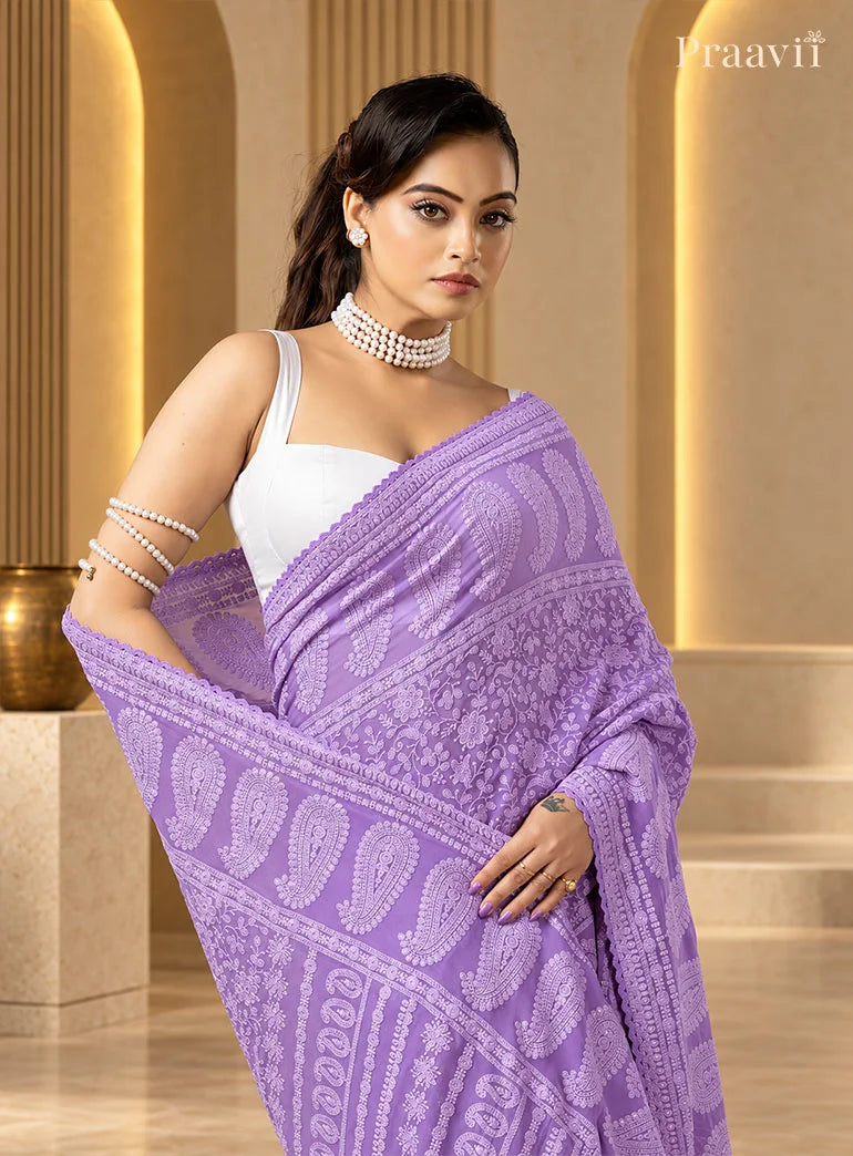 Purple Chikankari Pure Georgette Saree