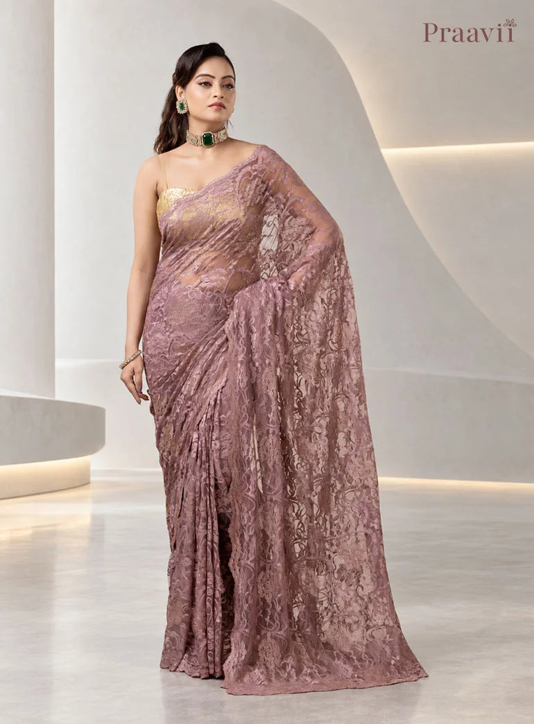 Vintage Mauve Chantilly Lace Sheer Net Saree