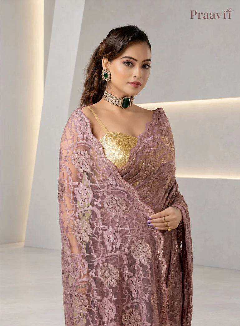 Vintage Mauve Chantilly Lace Sheer Net Saree