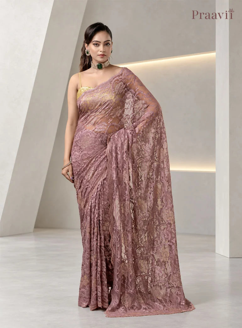 Vintage Mauve Chantilly Lace Sheer Net Saree