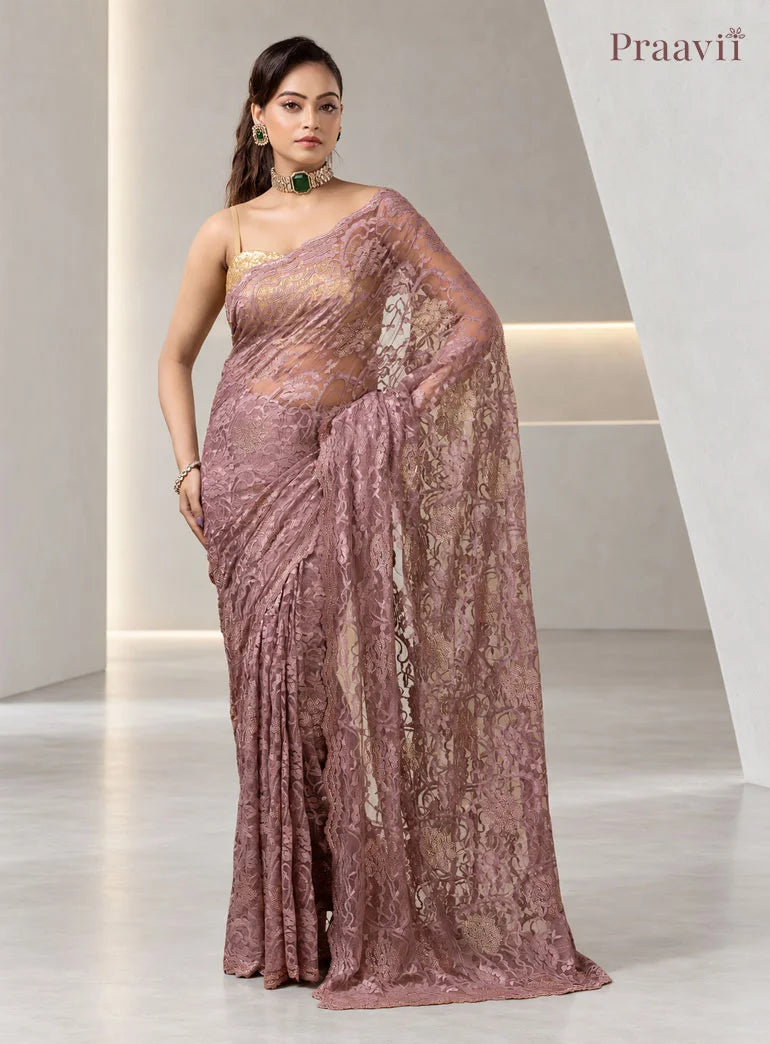 Vintage Mauve Chantilly Lace Sheer Net Saree