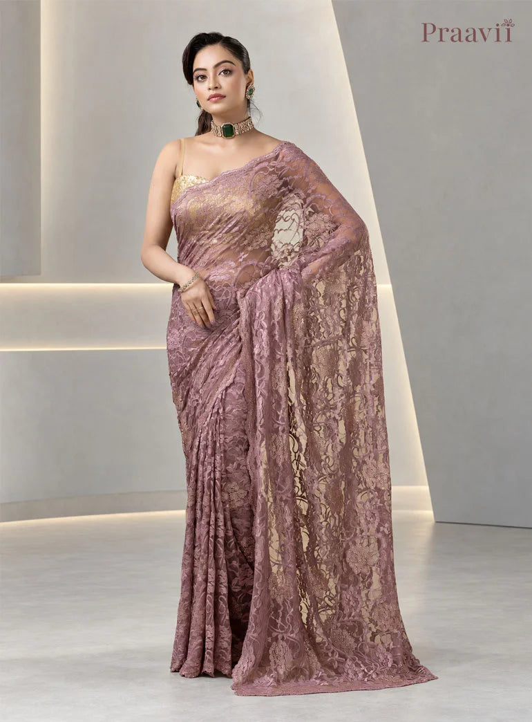 Vintage Mauve Chantilly Lace Sheer Net Saree