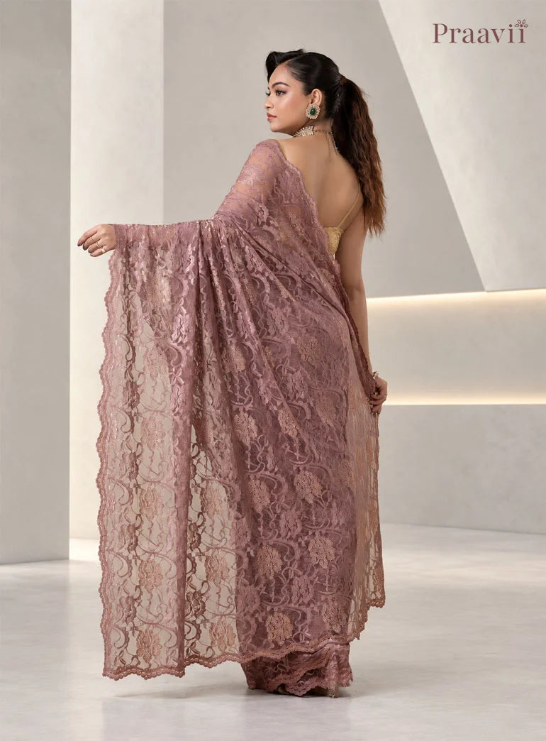 Vintage Mauve Chantilly Lace Sheer Net Saree