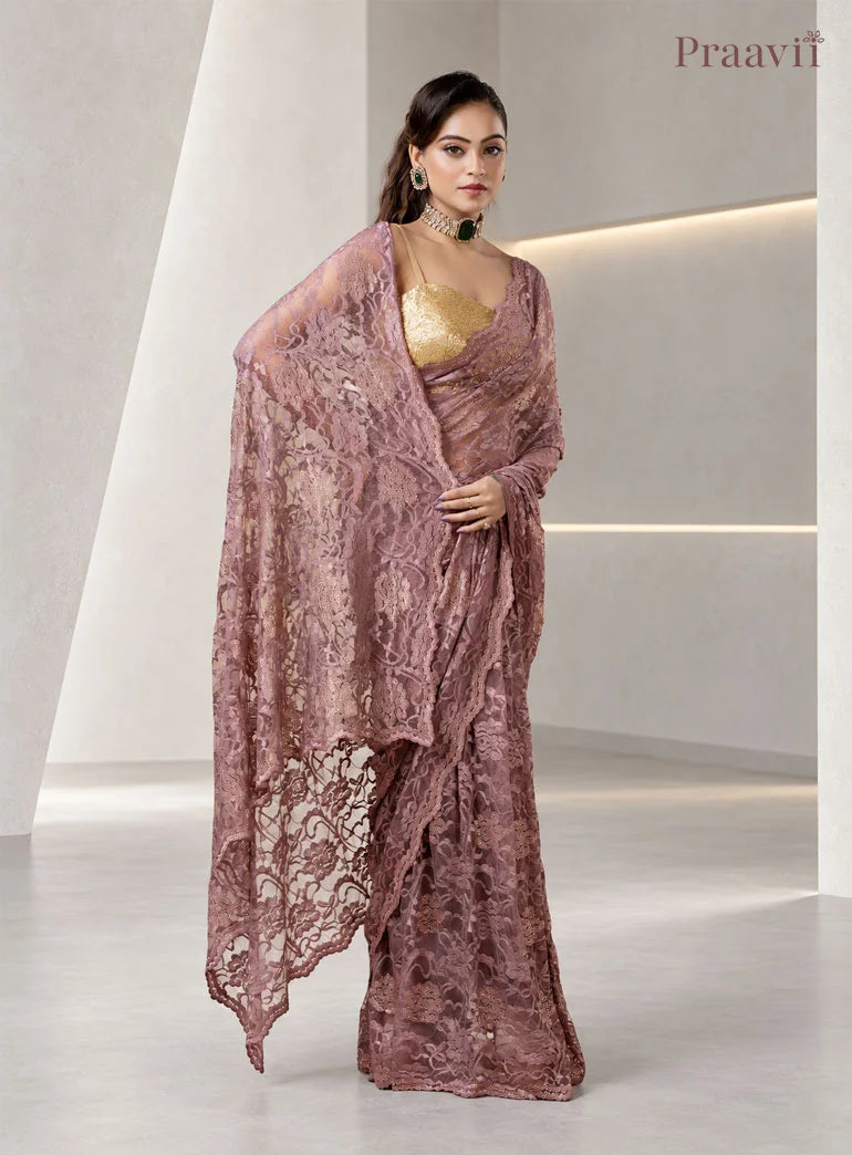 Vintage Mauve Chantilly Lace Sheer Net Saree