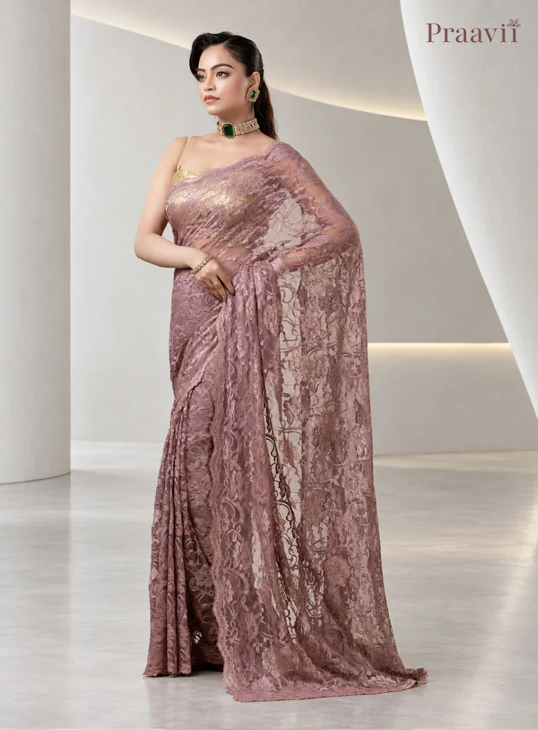Vintage Mauve Chantilly Lace Sheer Net Saree