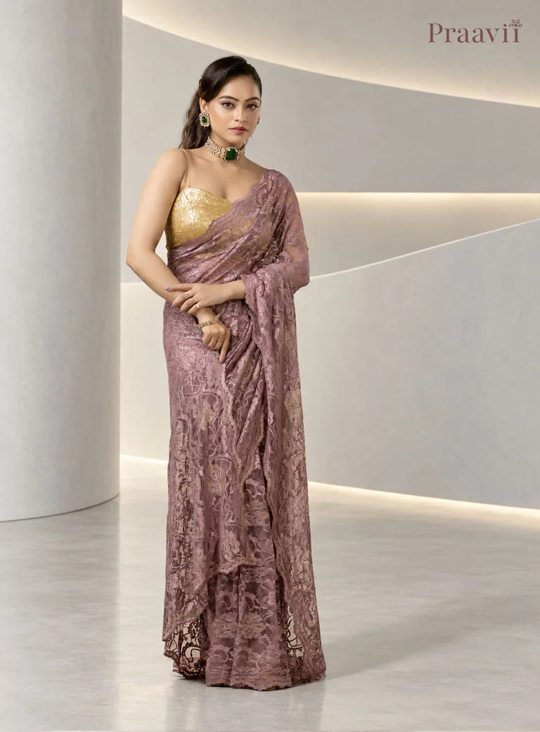 Vintage Mauve Chantilly Lace Sheer Net Saree