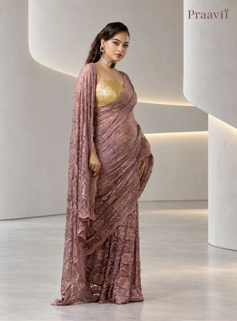 Vintage Mauve Chantilly Lace Sheer Net Saree