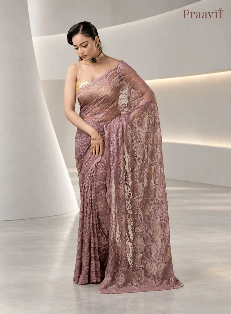 Vintage Mauve Chantilly Lace Sheer Net Saree