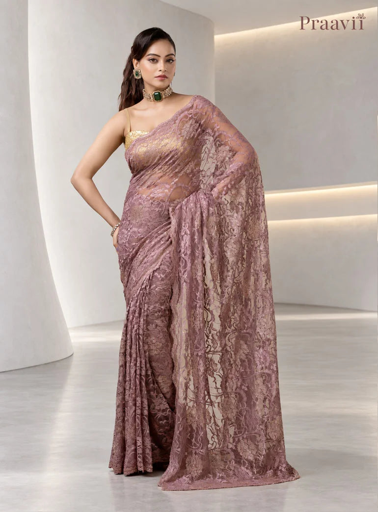 Vintage Mauve Chantilly Lace Sheer Net Saree