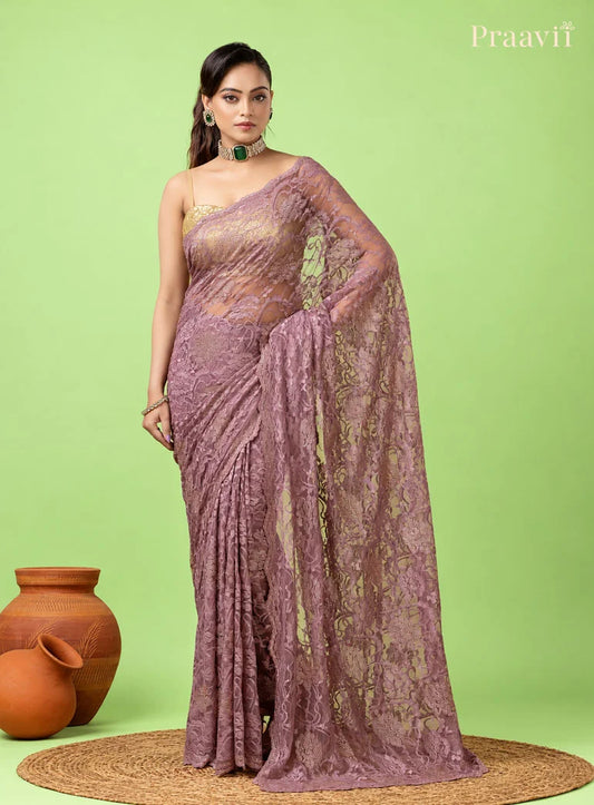 Vintage Mauve Chantilly Lace Saree adorned with crystals
