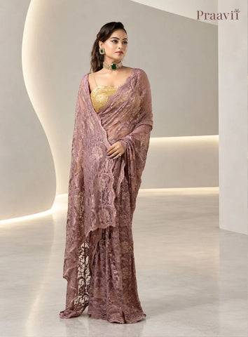 Vintage Mauve Chantilly Lace Sheer Net Saree
