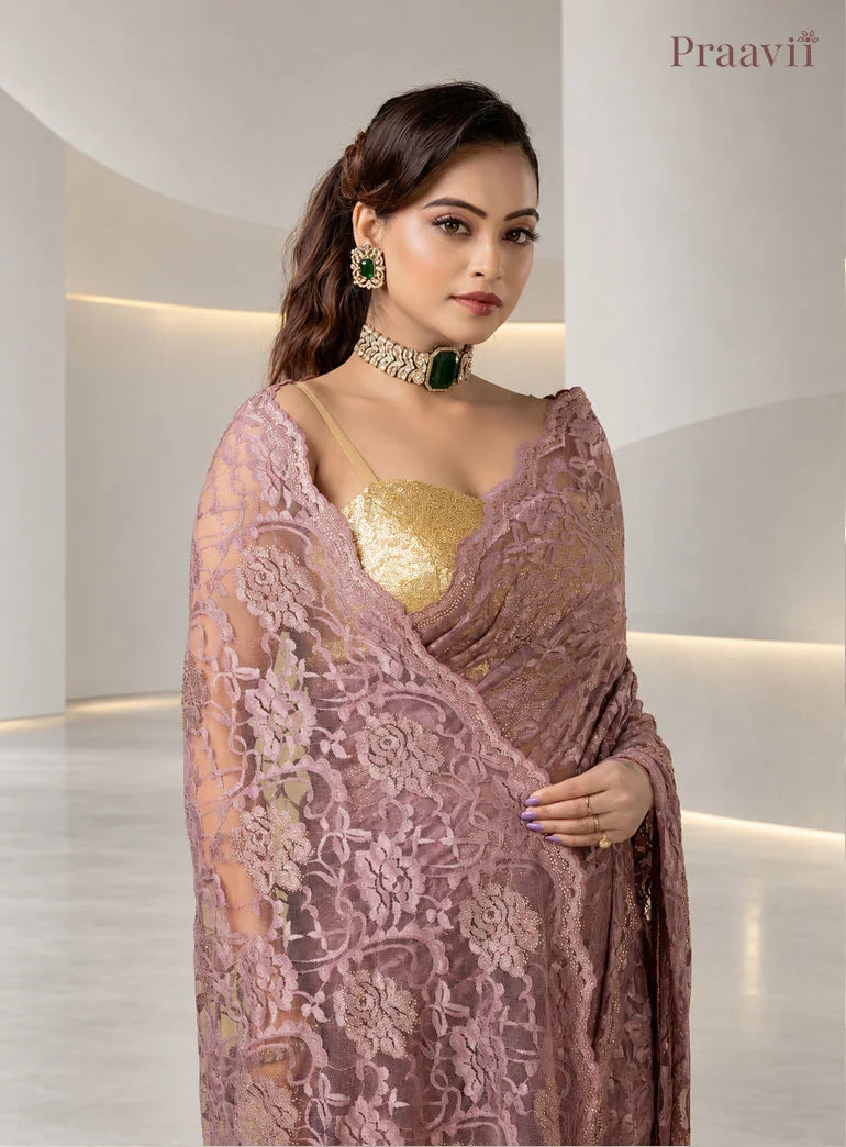 Vintage Mauve Chantilly Lace Sheer Net Saree