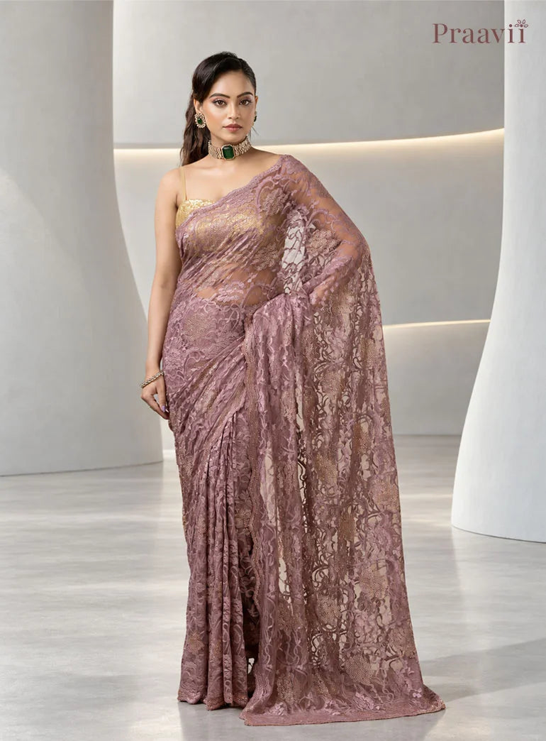 Vintage Mauve Chantilly Lace Sheer Net Saree
