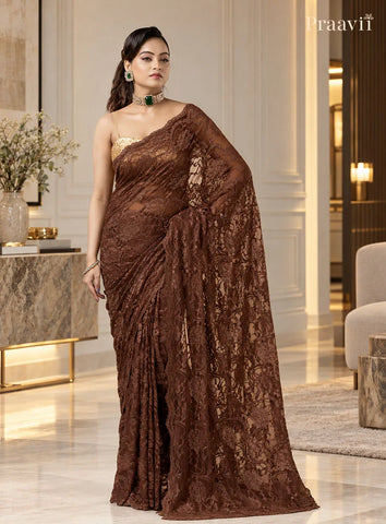 Nude Brown Chantilly Lace Saree adorned with crystals