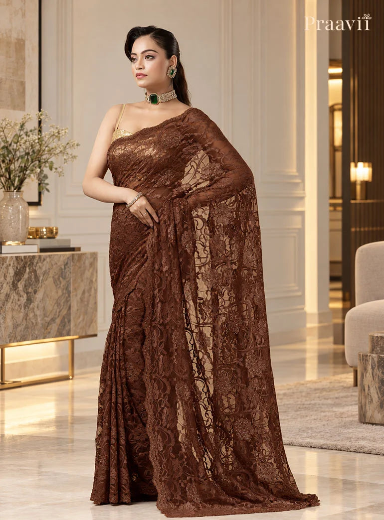 Nude Brown Chantilly Lace Saree adorned with crystals