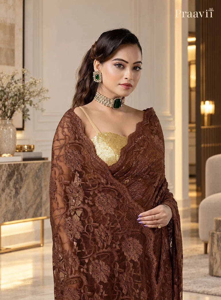 Nude Brown Chantilly Lace Saree adorned with crystals