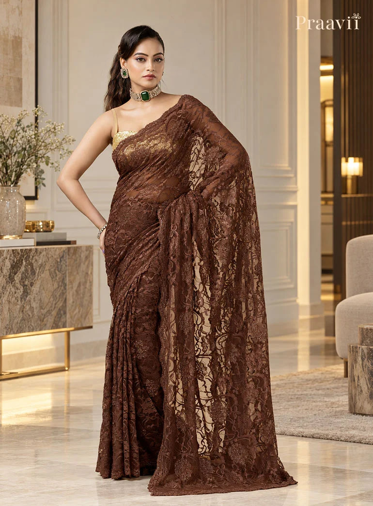 Nude Brown Chantilly Lace Saree adorned with crystals