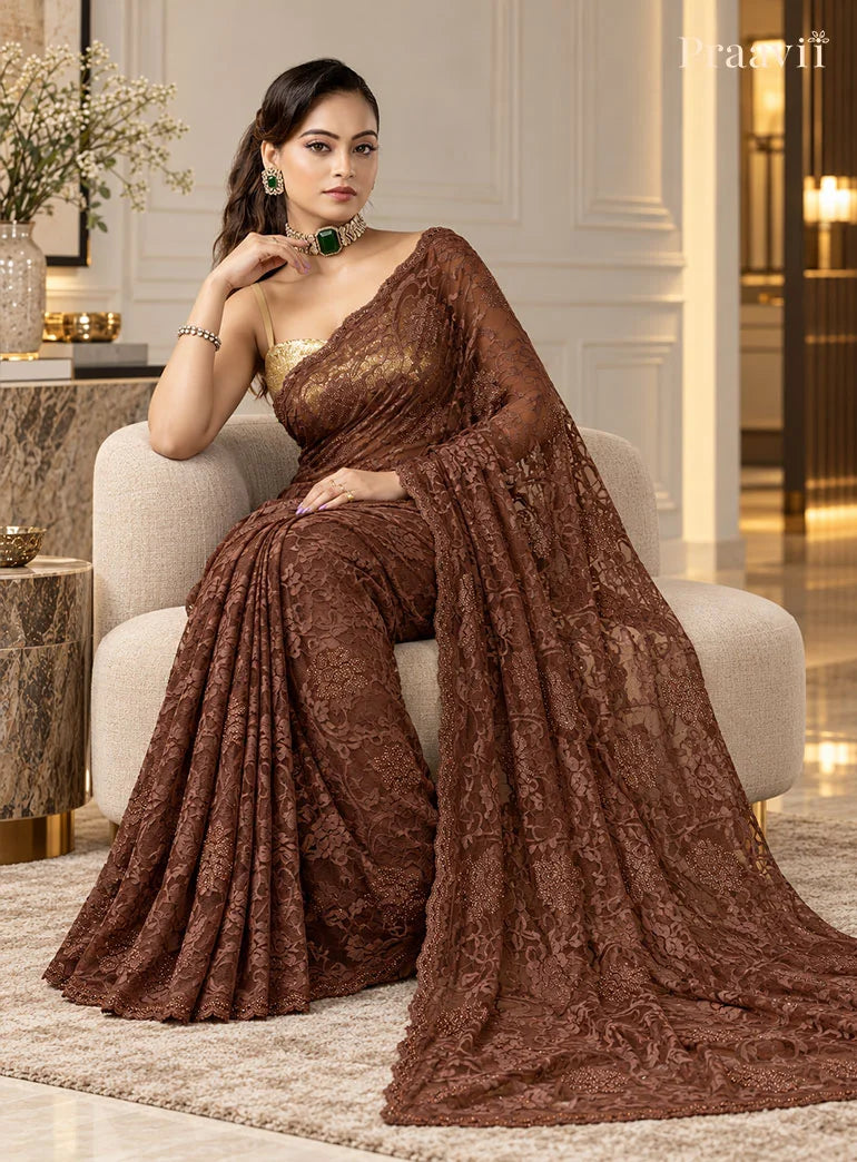 Nude Brown Chantilly Lace Saree adorned with crystals
