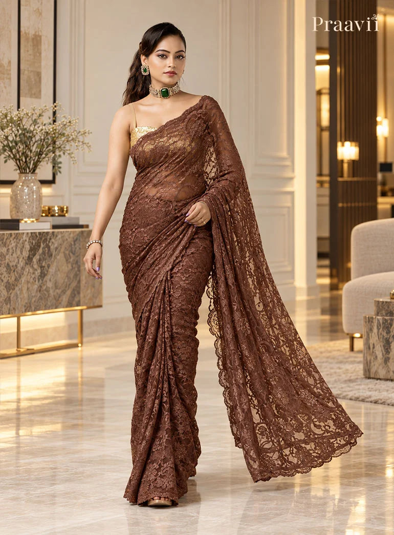Nude Brown Chantilly Lace Saree adorned with crystals