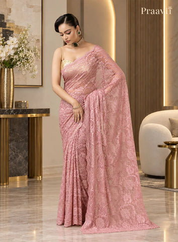 Blush Pink Chantilly Lace Saree adorned with crystals
