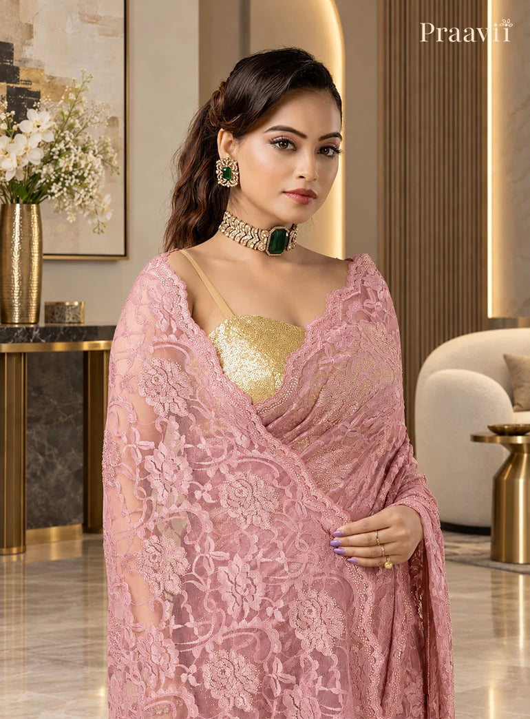 Blush Pink Chantilly Lace Saree adorned with crystals