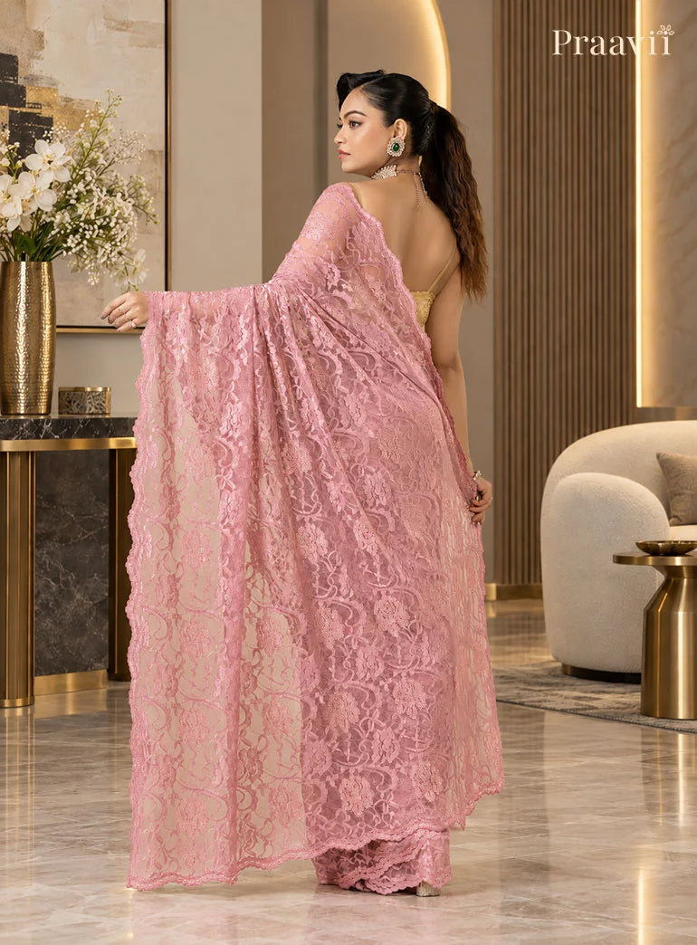 Blush Pink Chantilly Lace Saree adorned with crystals