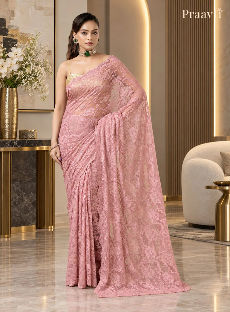 Blush Pink Chantilly Lace Saree adorned with crystals