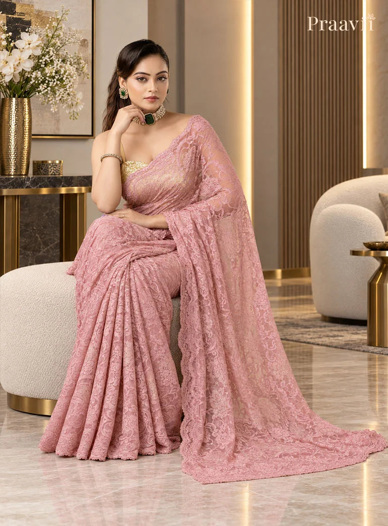 Blush Pink Chantilly Lace Saree adorned with crystals