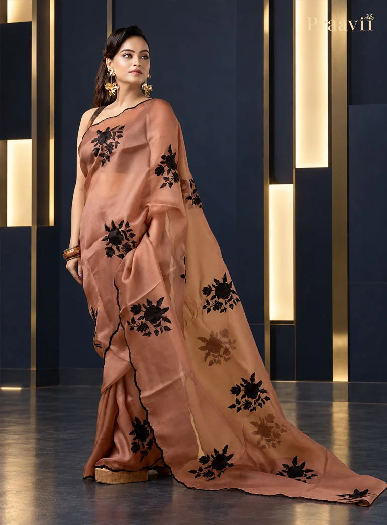Nude Brown Organza Saree with Applique Patch Work
