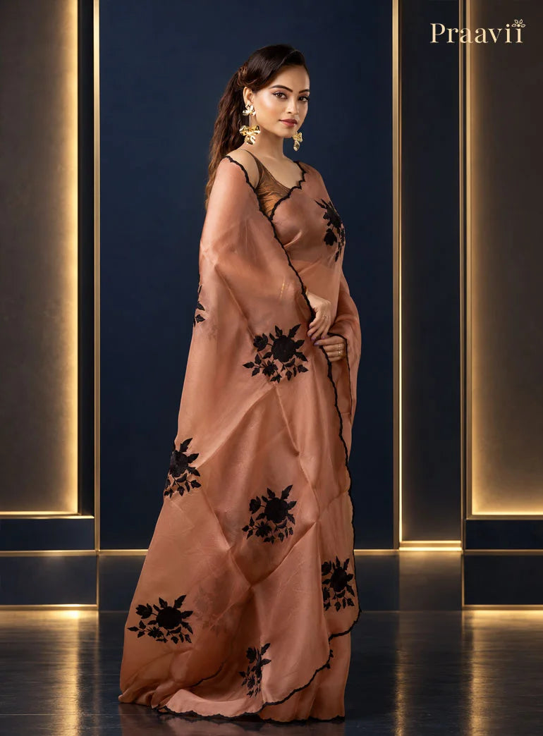 Nude Brown Organza Saree with Applique Patch Work