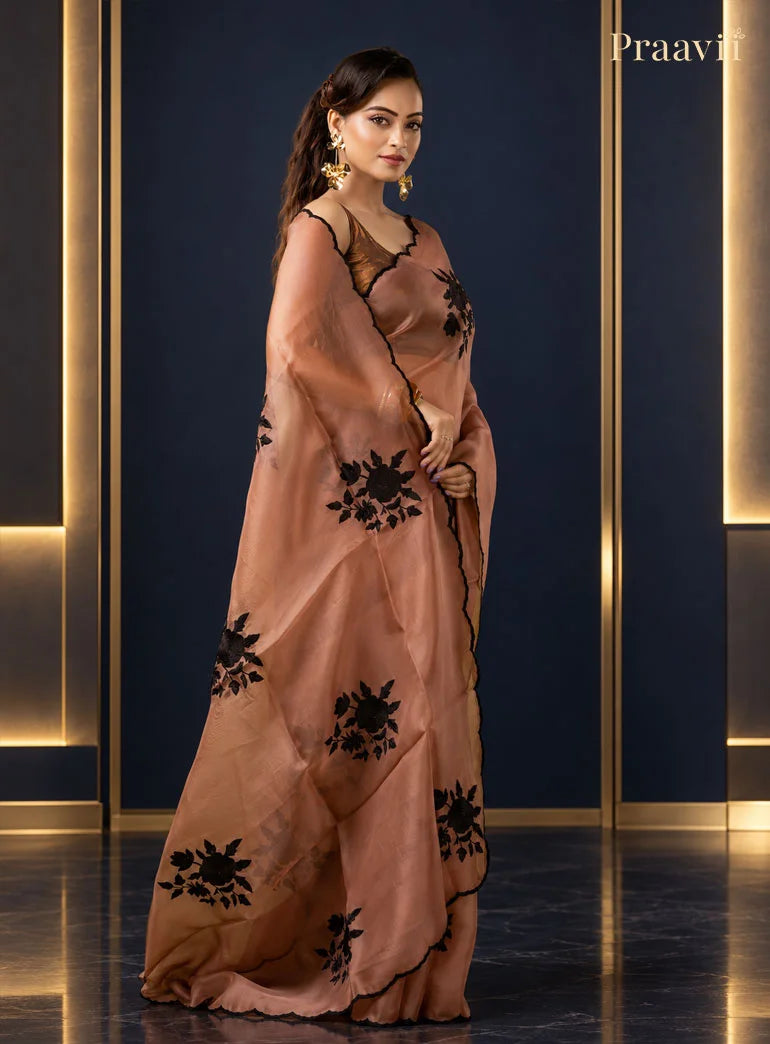 Nude Brown Organza Saree with Applique Patch Work