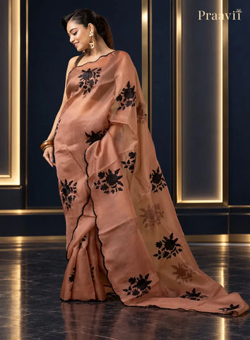 Nude Brown Organza Saree with Applique Patch Work