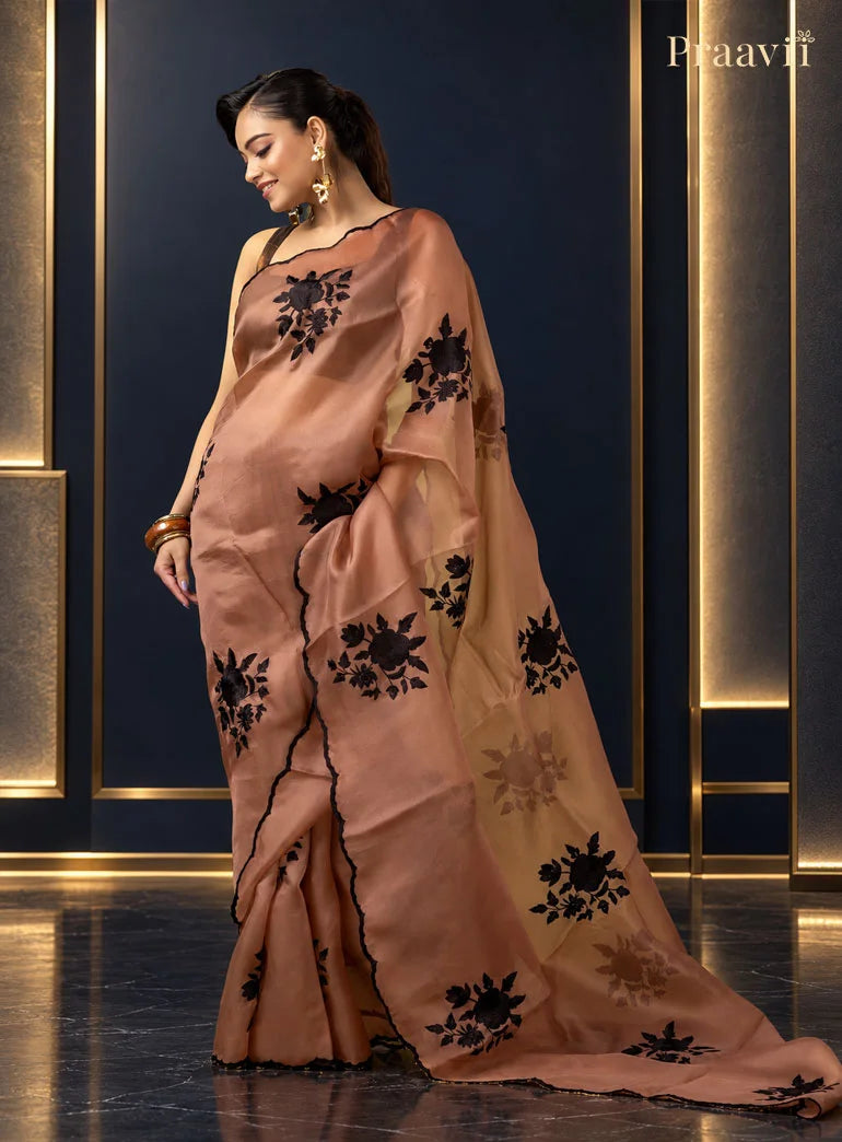 Nude Brown Organza Saree with Applique Patch Work