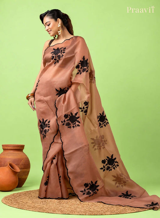 Nude Brown Designer Organza Saree with Embroidery