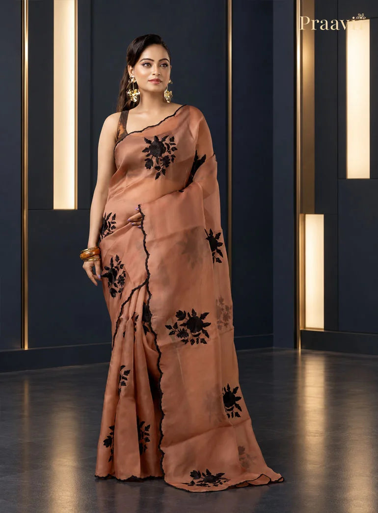 Nude Brown Organza Saree with Applique Patch Work