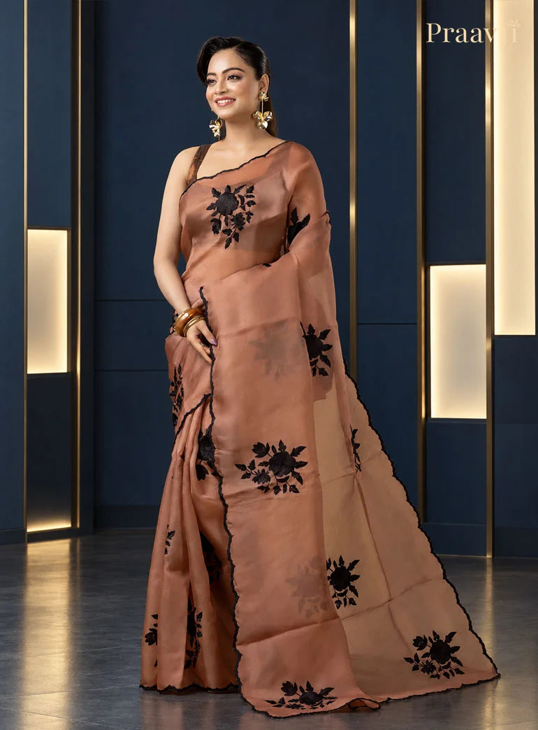 Nude Brown Organza Saree with Applique Patch Work